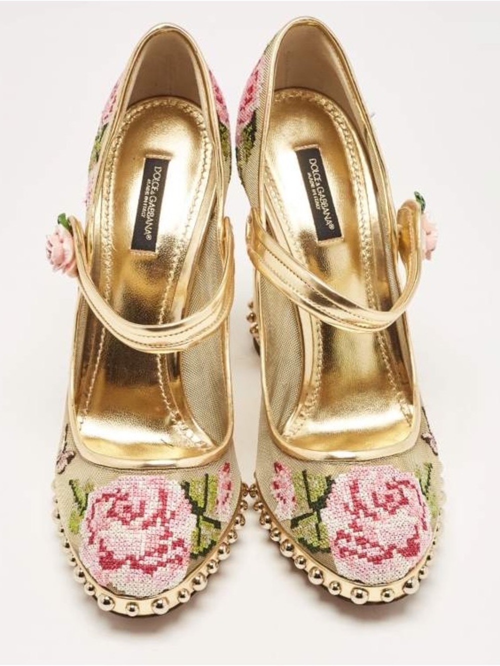 Dolce & Gabbana Gold Mesh & Leather Floral Studded Block Heel Mary Janes Size 40 - Picture 12 of 14